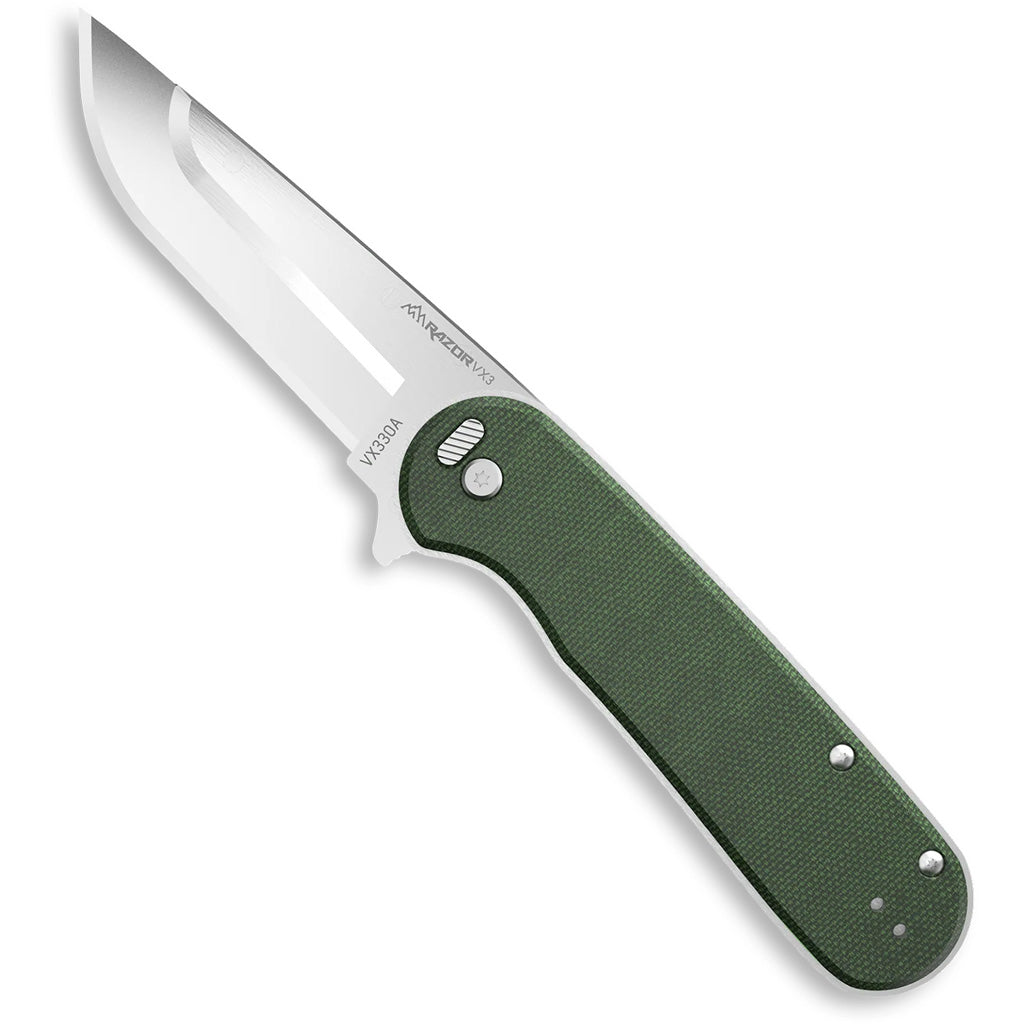 Outdoor Edge Razorvx3 Green Micarta, Stainless Flipper, Spring Assist, Ball Bearing, Edc, 3.0"